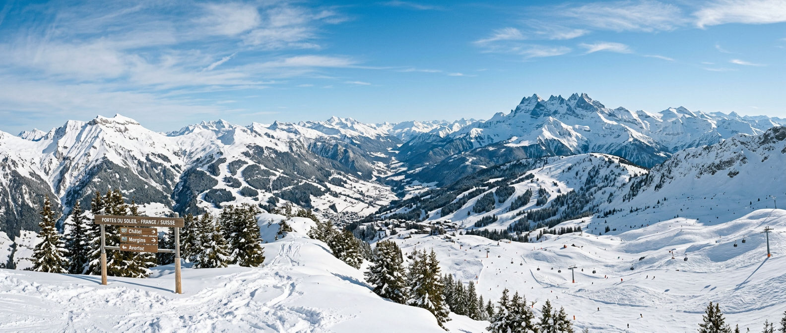 Panoramic view across the Portes du Soleil ski area with snow-covered peaks spanning the Franco-Swiss border