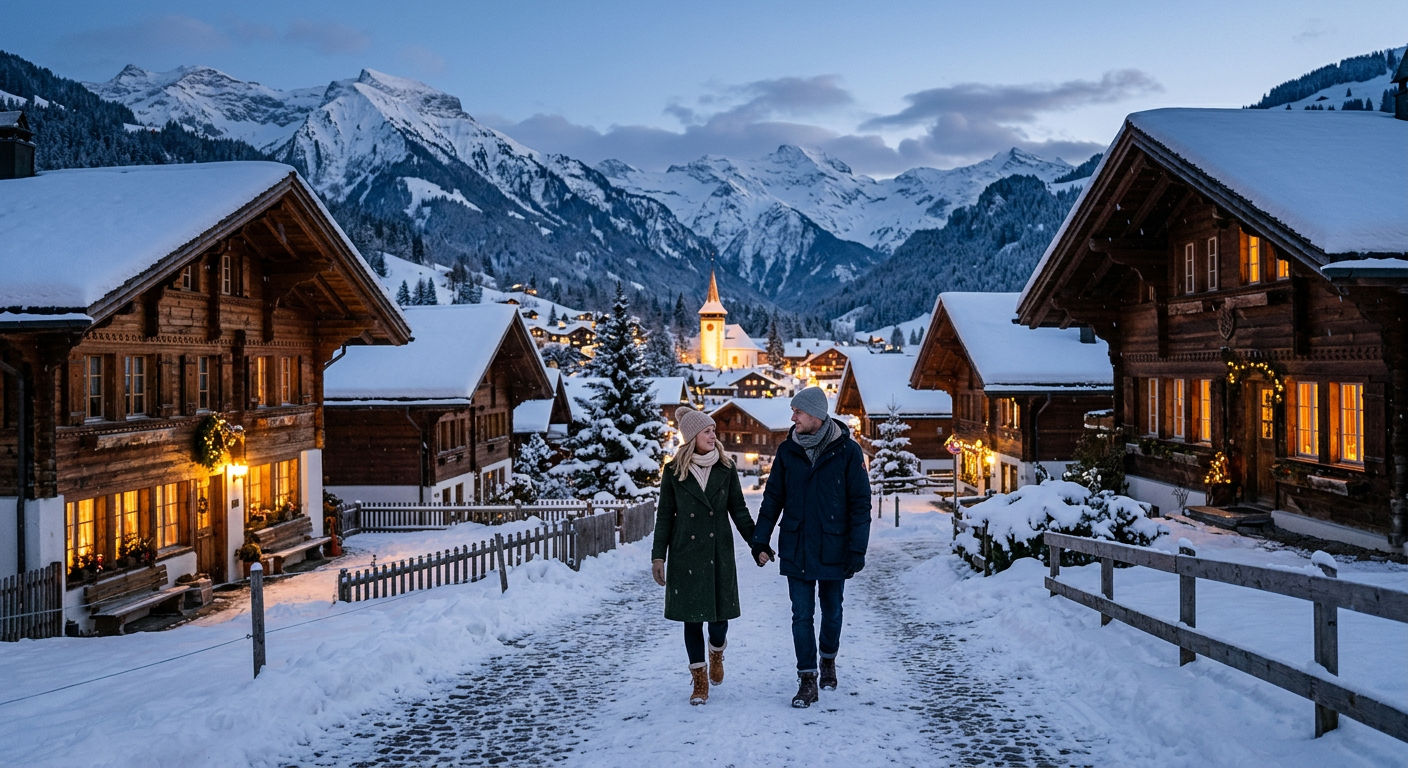 A couple walking through a snow-covered Alpine village at dusk with warm chalet lights glowing