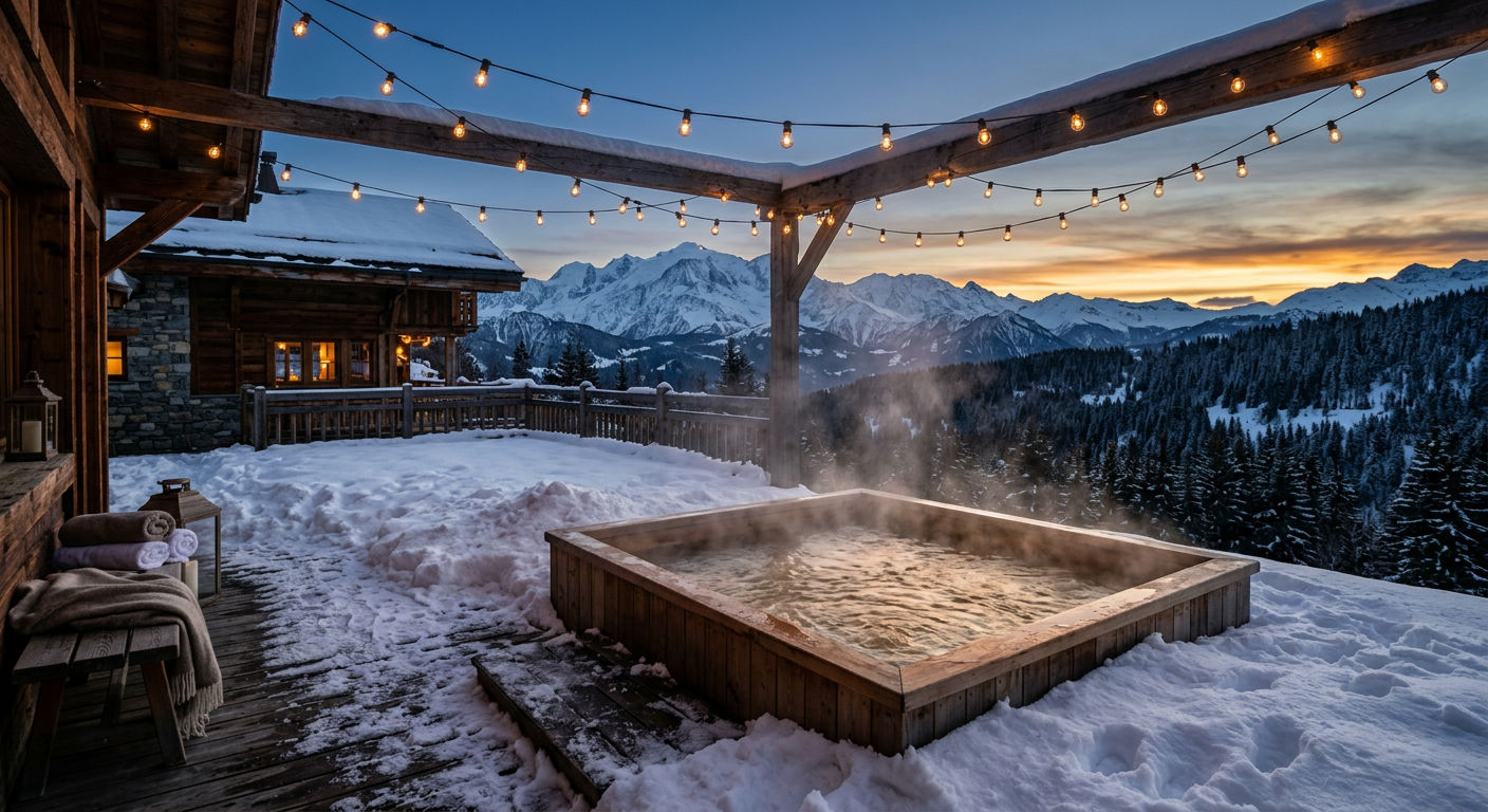 A steaming outdoor hot tub on a snow-covered wooden deck at dusk with panoramic views of snow-capped French Alps mountains and pine forest