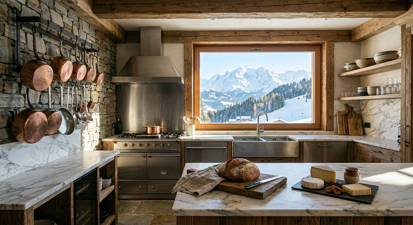 A professional-grade kitchen inside a luxury ski chalet with marble countertops, copper pots, and morning light streaming through a window overlooking a snowy Alpine valley