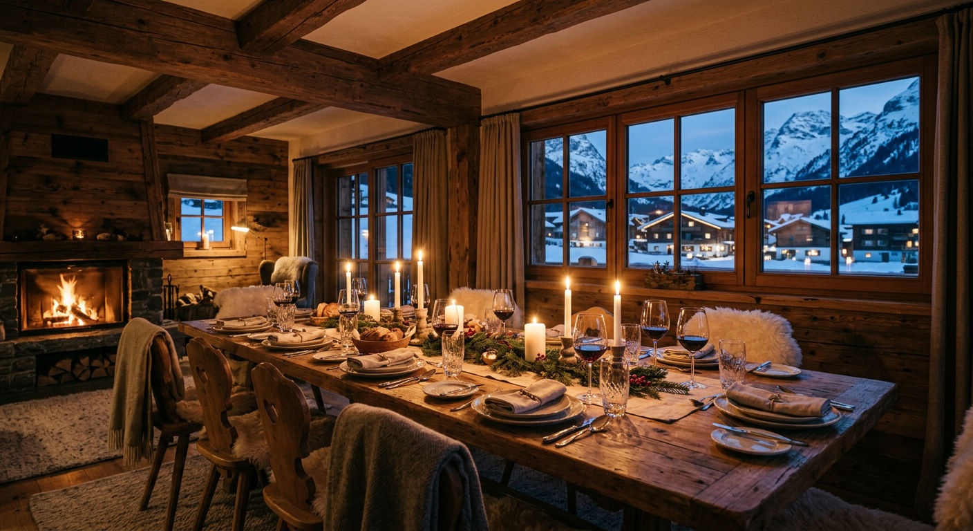 A long wooden dining table set for dinner inside a ski chalet with candlelight and rustic beams