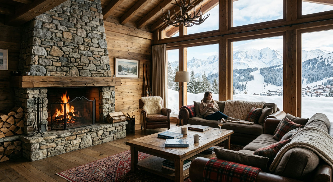 The interior of a ski chalet living room with stone fireplace and mountain views through floor-to-ceiling windows