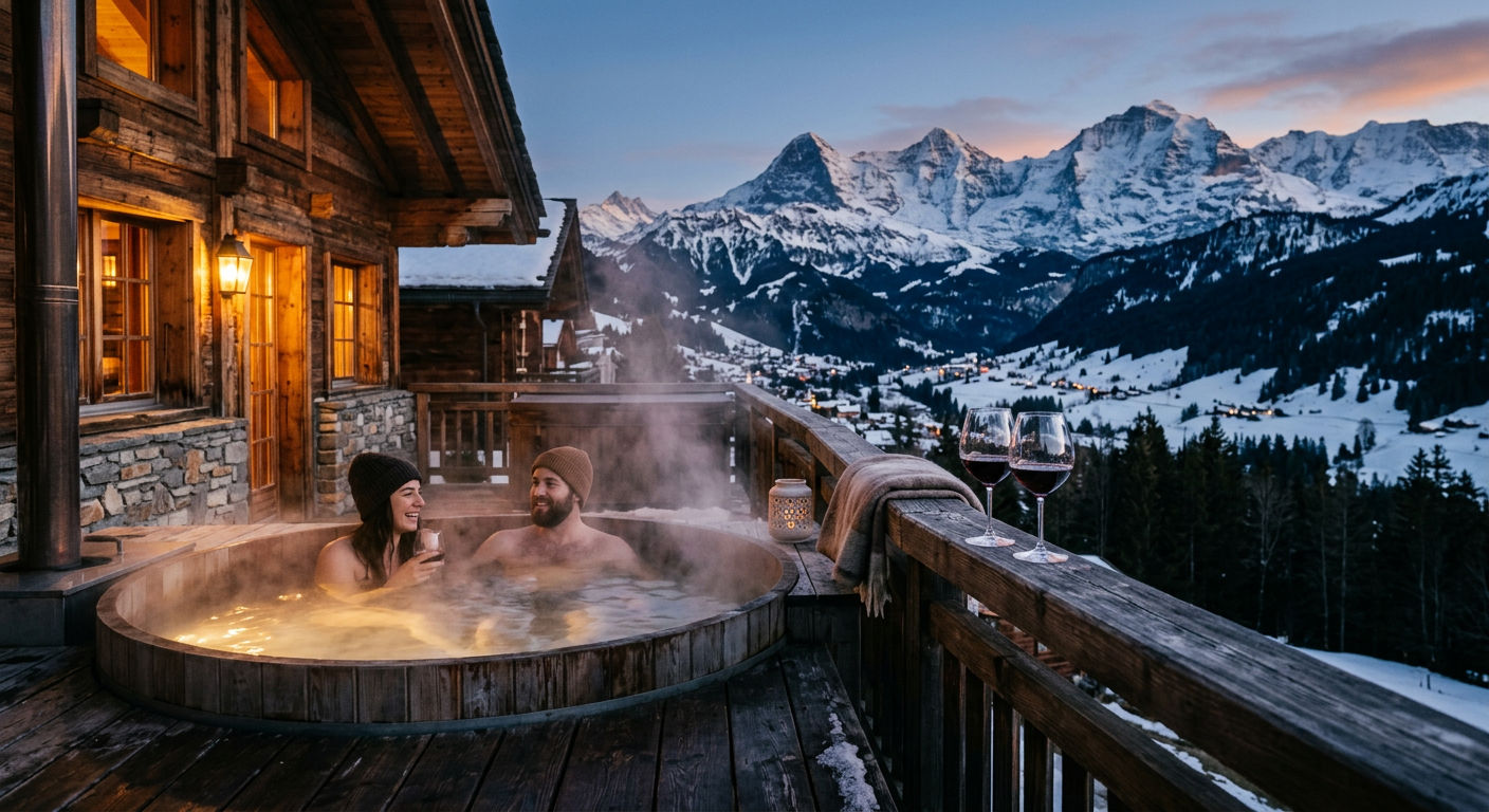 An outdoor hot tub on a wooden chalet terrace with steam rising into cold mountain air at twilight