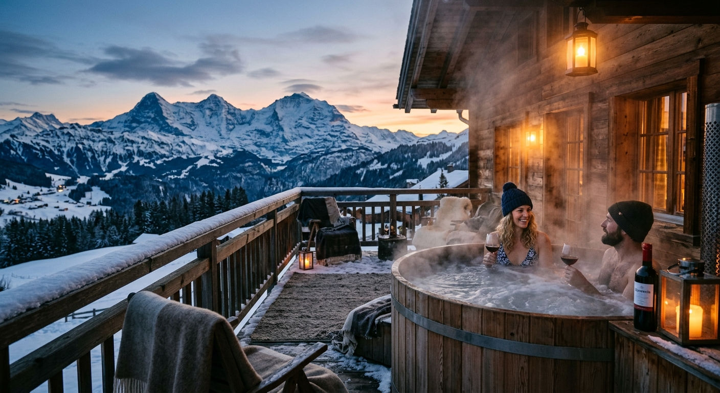 A steaming outdoor hot tub on a wooden chalet terrace overlooking snow-covered Alpine peaks at dusk