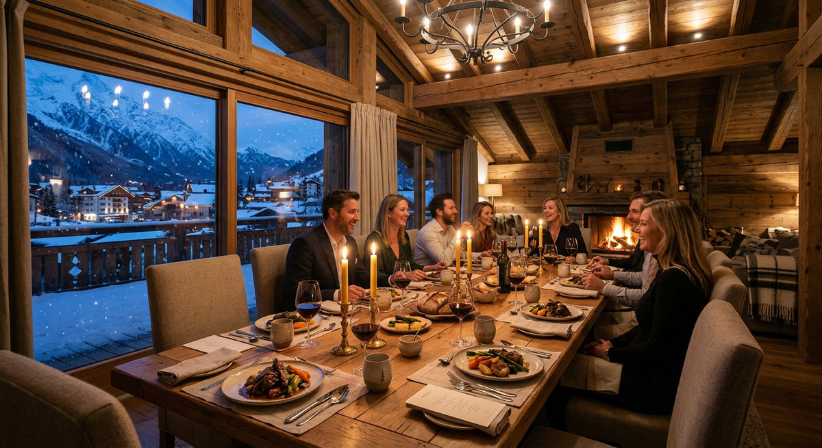 A candlelit dining table set for eight inside a catered ski chalet with wine glasses and Alpine views through the window