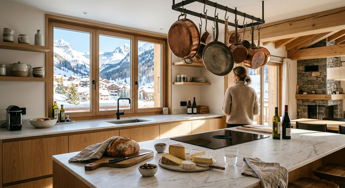 A modern self-catered chalet kitchen with marble countertops, fresh provisions, and morning light through snow-framed windows