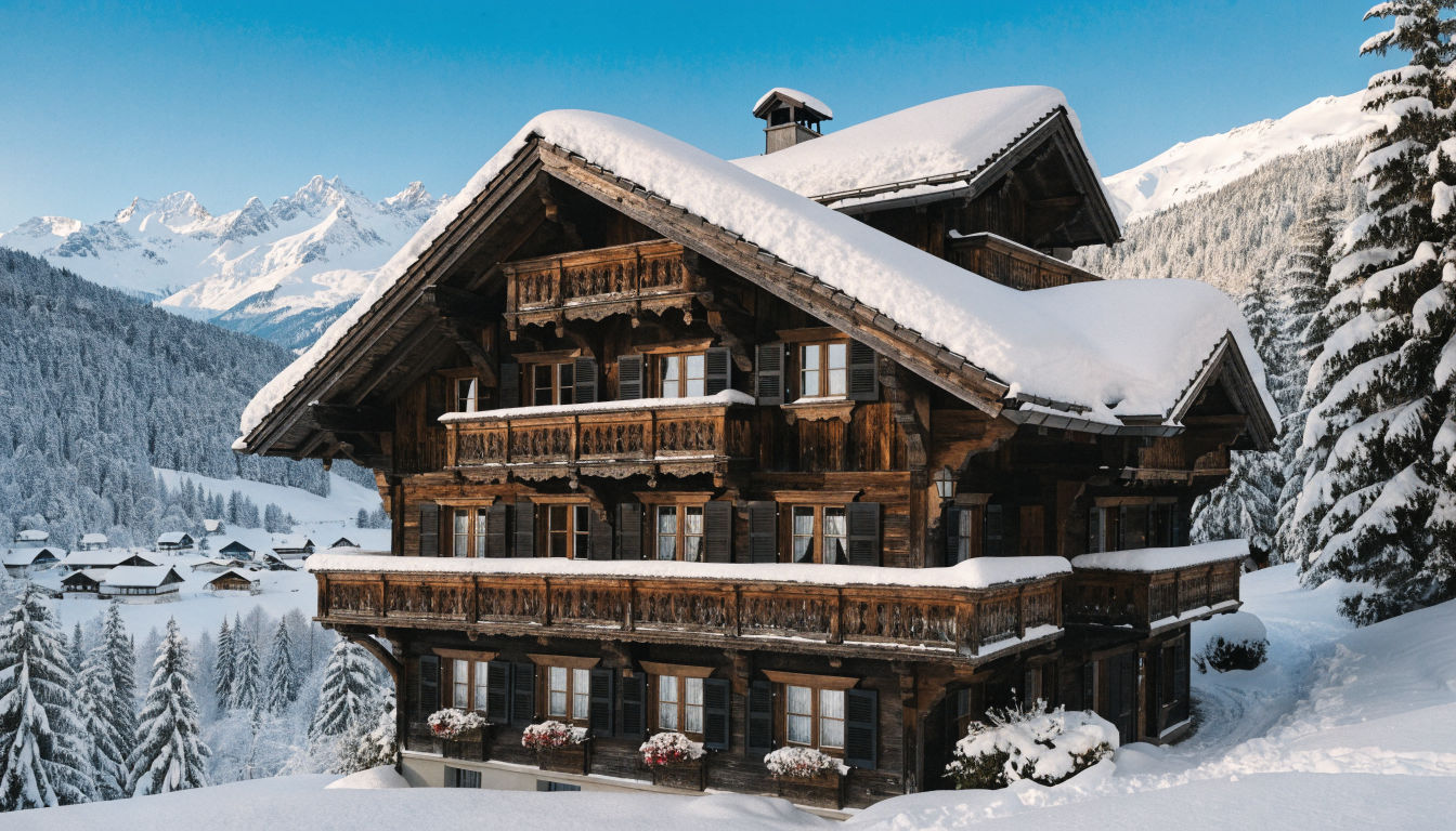 Traditional Swiss ski chalet with timber facade and snow-laden balconies set against a mountain panorama