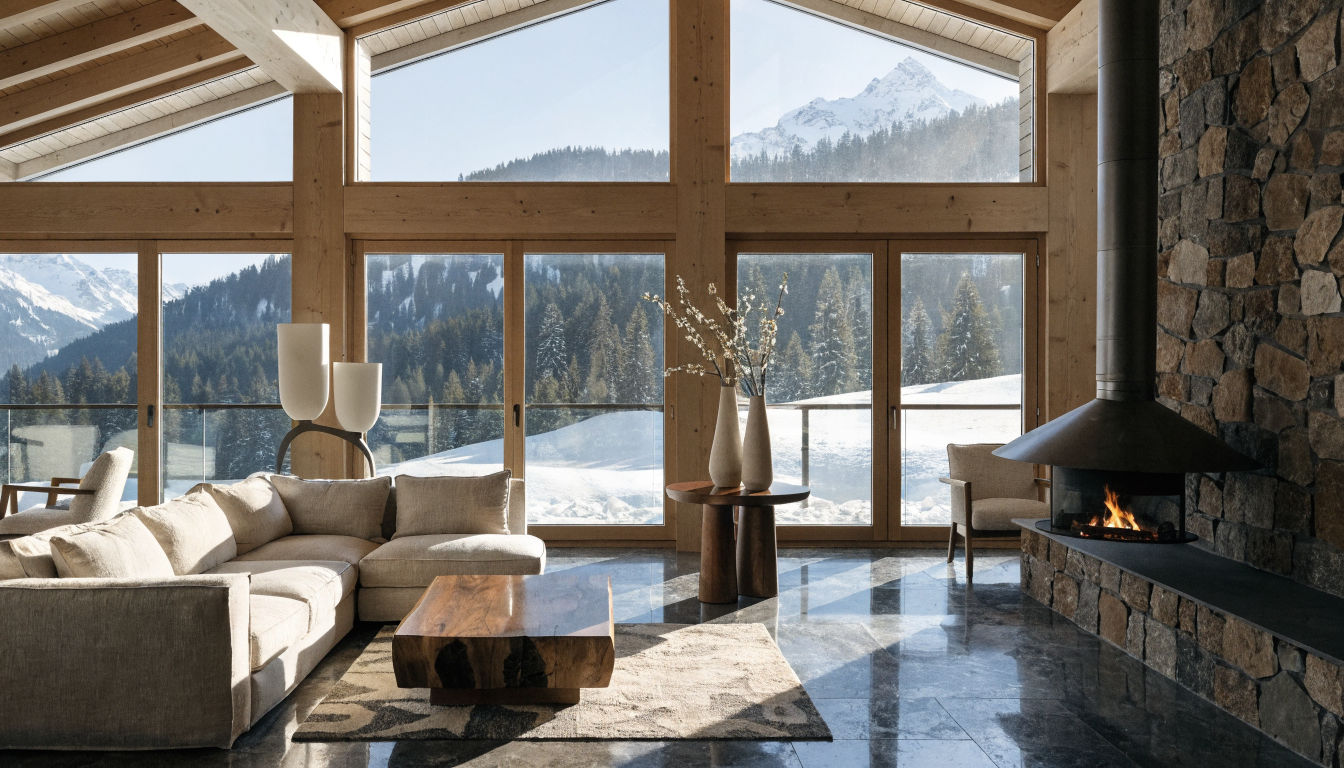 Refined Swiss chalet interior with light wood panelling, stone fireplace, and floor-to-ceiling windows framing snowy peaks