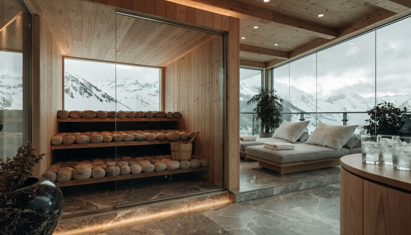 Modern wellness sauna in a Swiss ski chalet with smooth wood panelling, glass wall, and mountain views