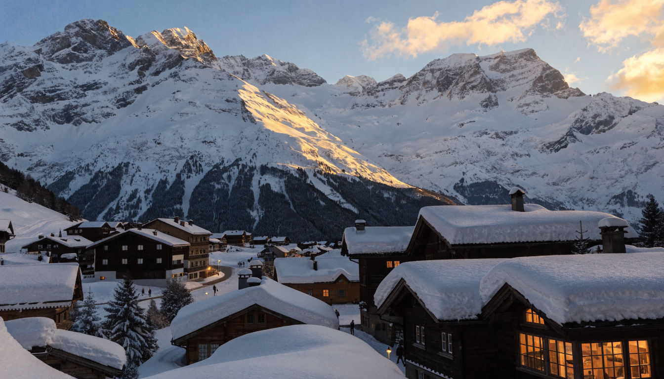 Verbier village with traditional Swiss chalets nestled in an alpine valley at winter sunset