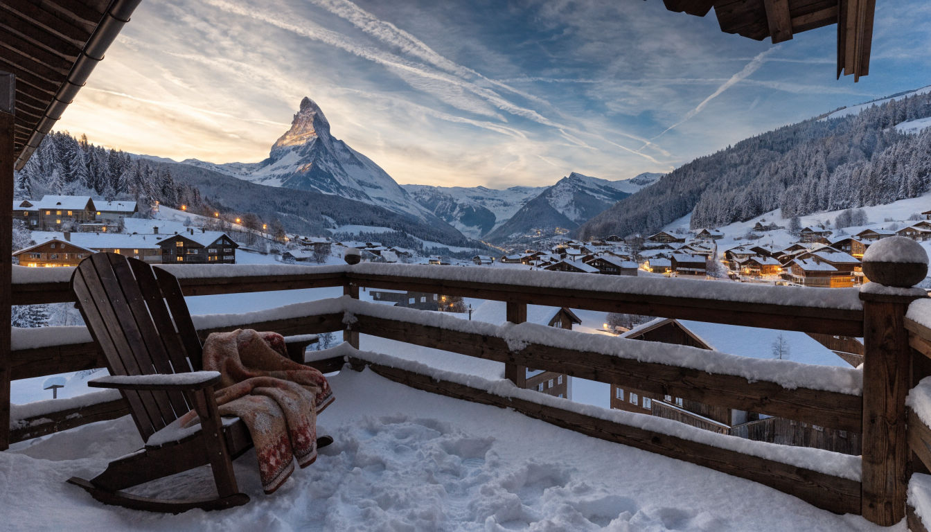 View from a luxury chalet balcony in Zermatt with the Matterhorn illuminated by golden evening light