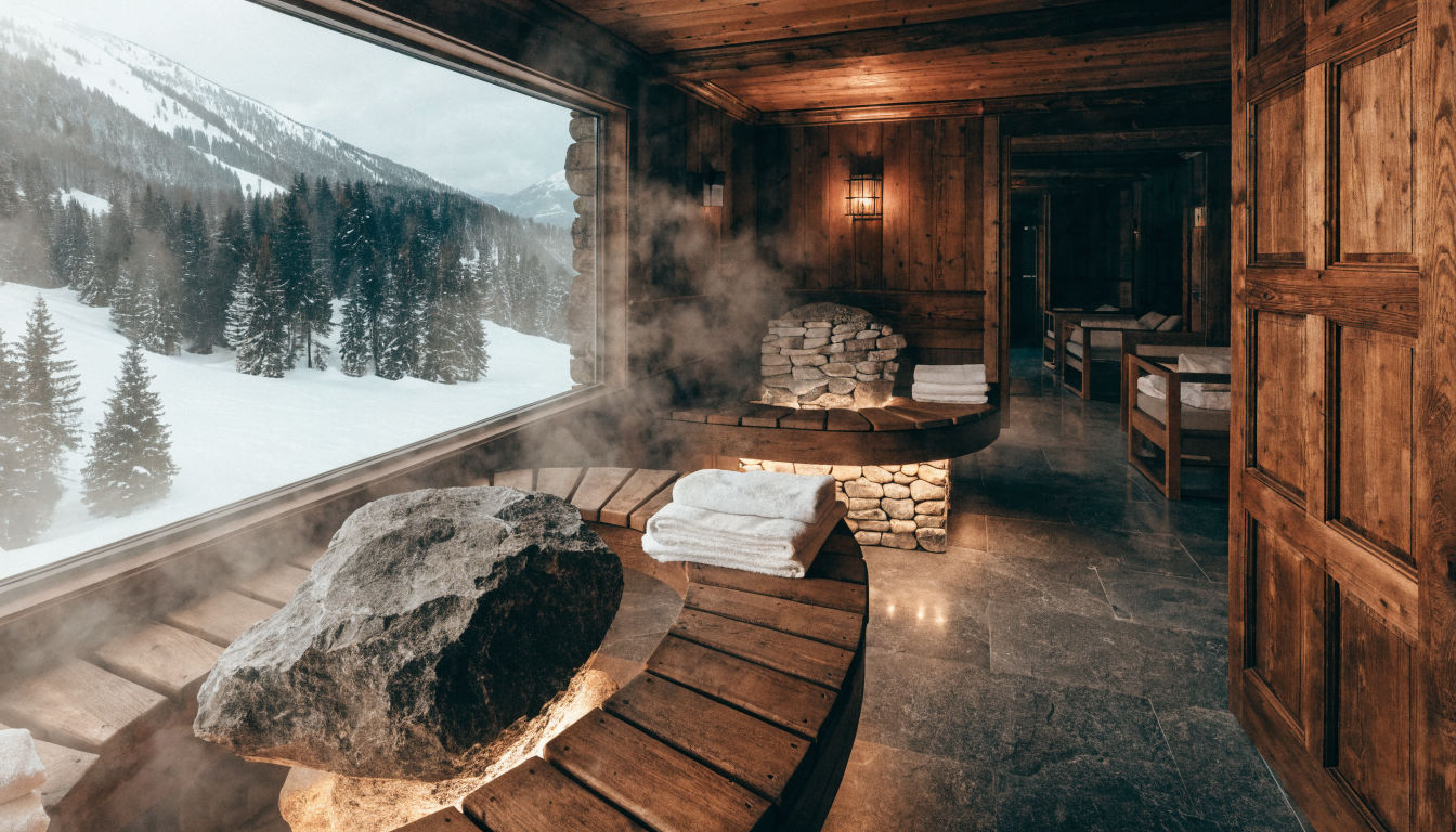 Austrian chalet sauna interior with rich wood panelling, heated stone elements, and amber lighting