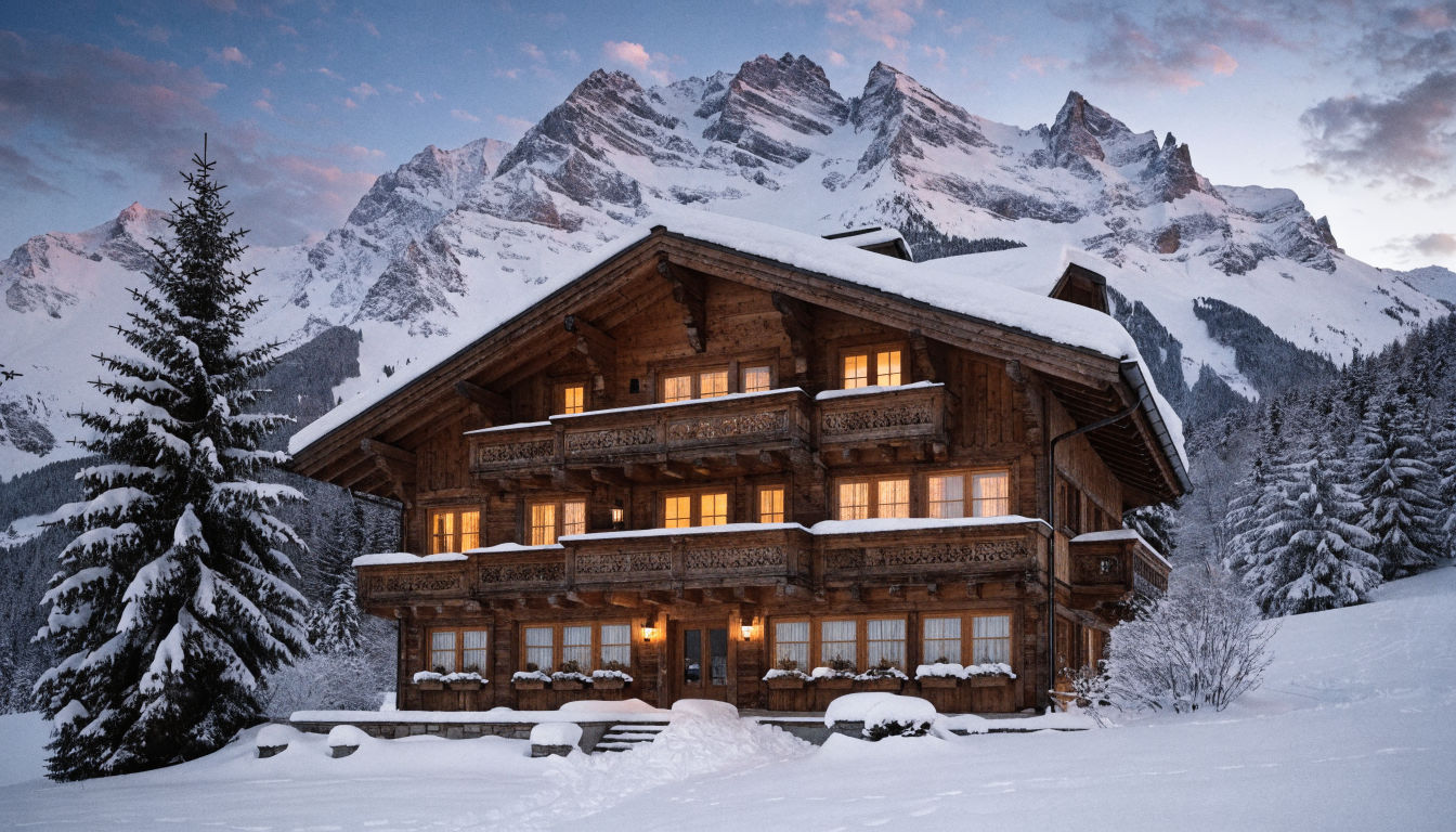 A traditional Austrian ski chalet with timber balconies and warm interior light set against snow-covered peaks at dusk