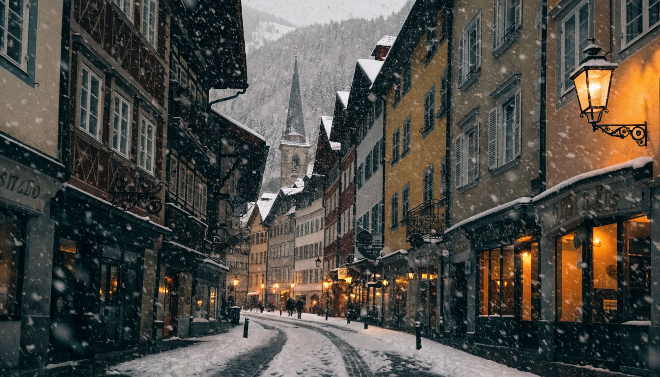 Kitzbuhel medieval old town in winter with colourful painted facades, church spire, and snow-covered mountains behind