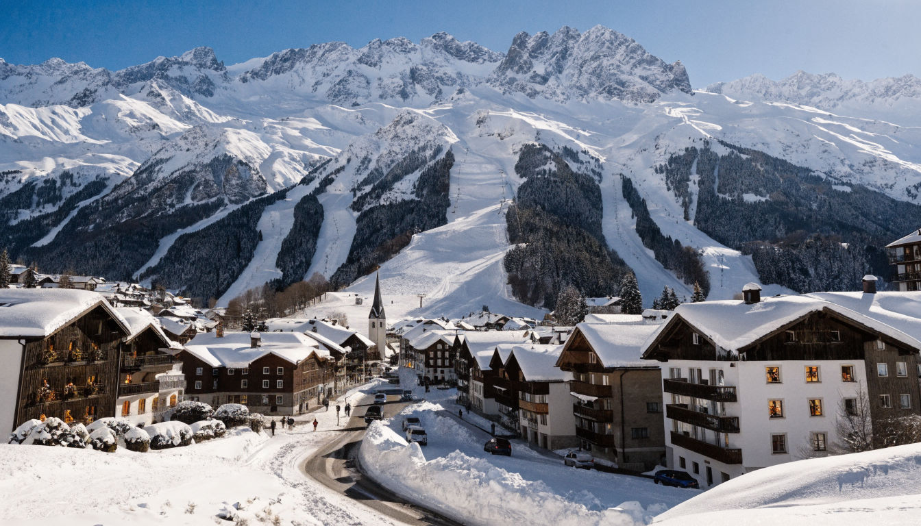 St Anton am Arlberg village with ski slopes and lifts rising behind traditional Tyrolean buildings under a winter sky