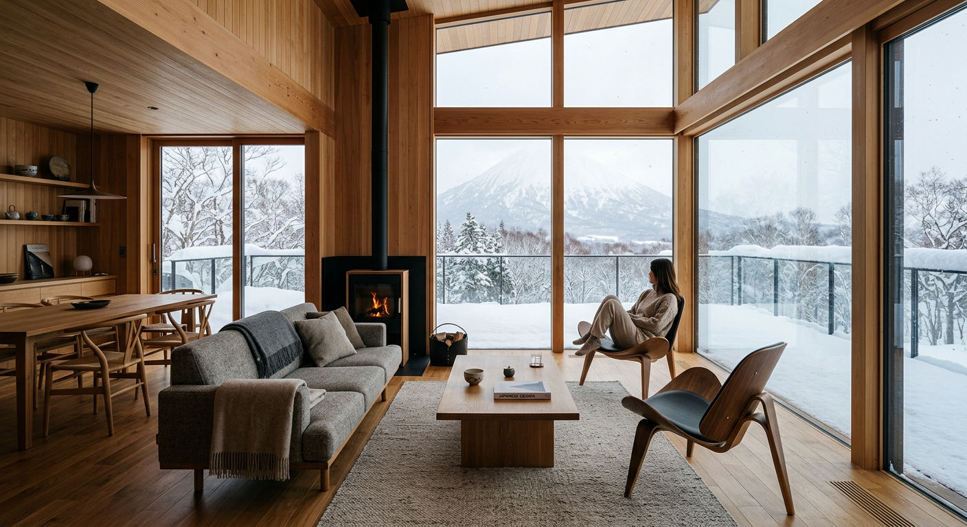 Contemporary ski chalet interior with Japanese design elements and mountain views
