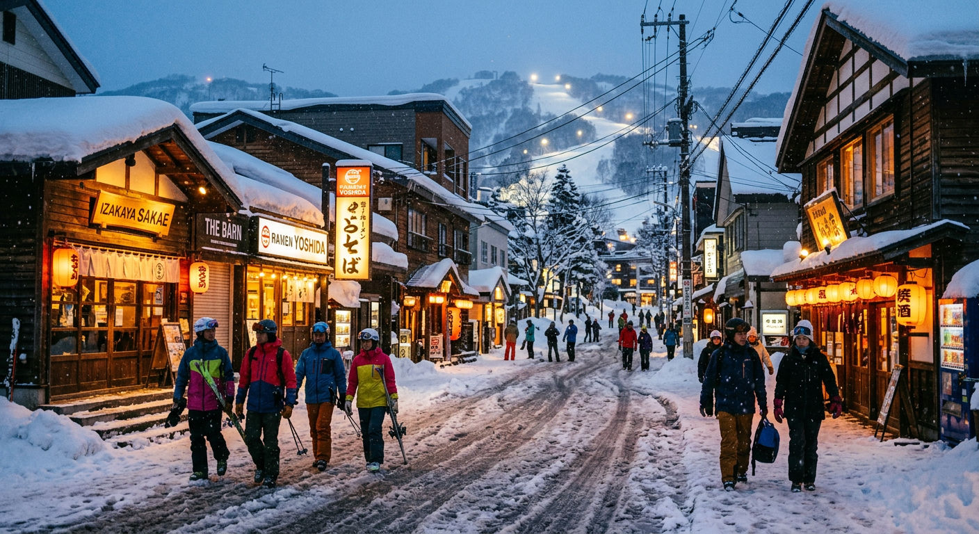 Niseko village street at dusk with warm restaurant lights and fresh snowfall