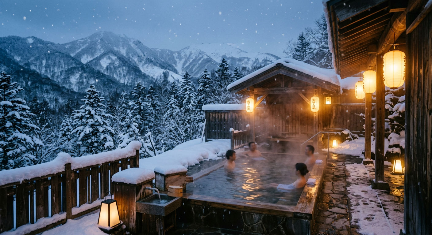 Outdoor onsen hot spring bath surrounded by snow in Hokkaido