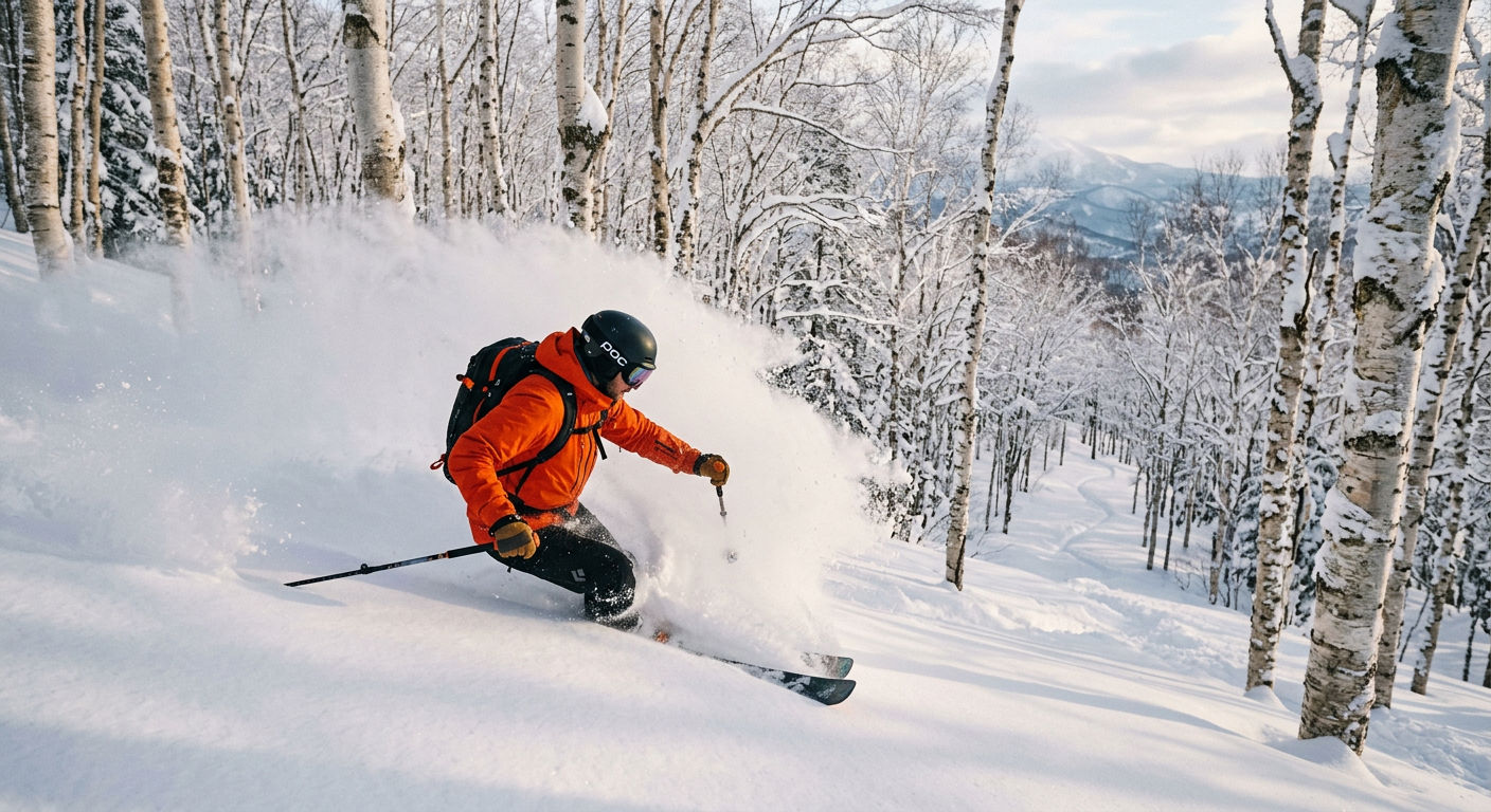 Skier carving through deep powder in a Hokkaido birch forest