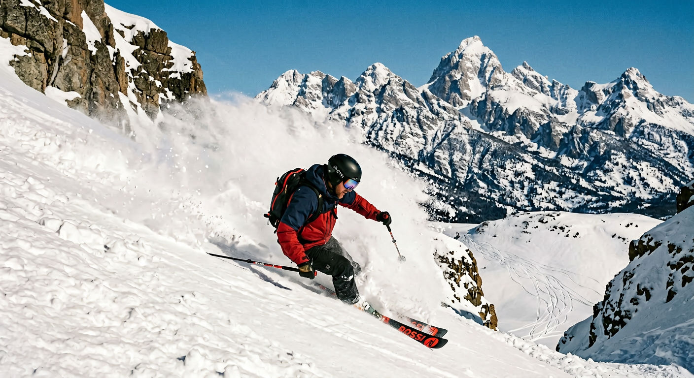 Skier navigating steep powder terrain at Jackson Hole with dramatic Teton mountain backdrop