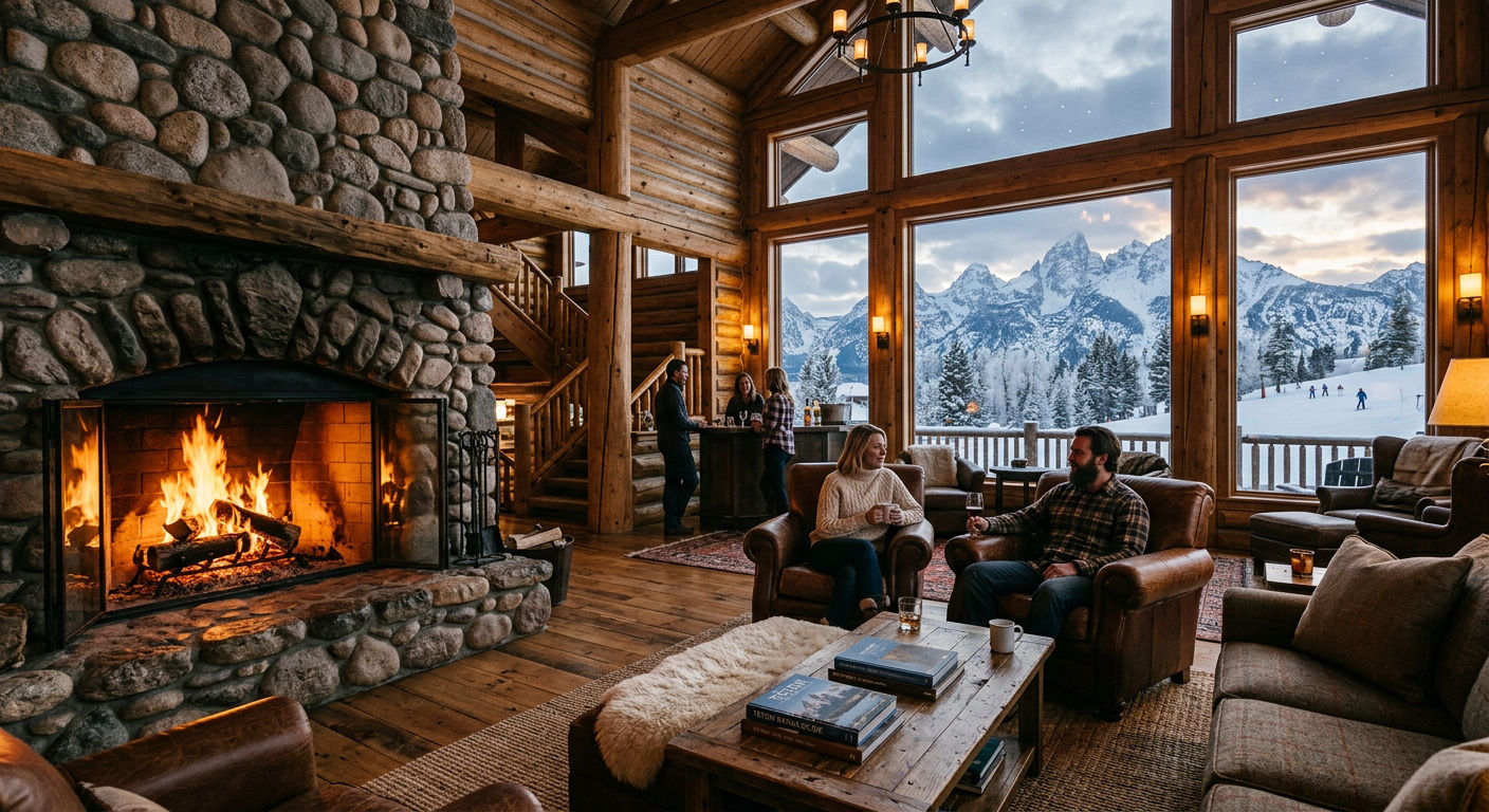 Luxury timber-frame lodge interior with stone fireplace and floor-to-ceiling windows overlooking the Teton mountains