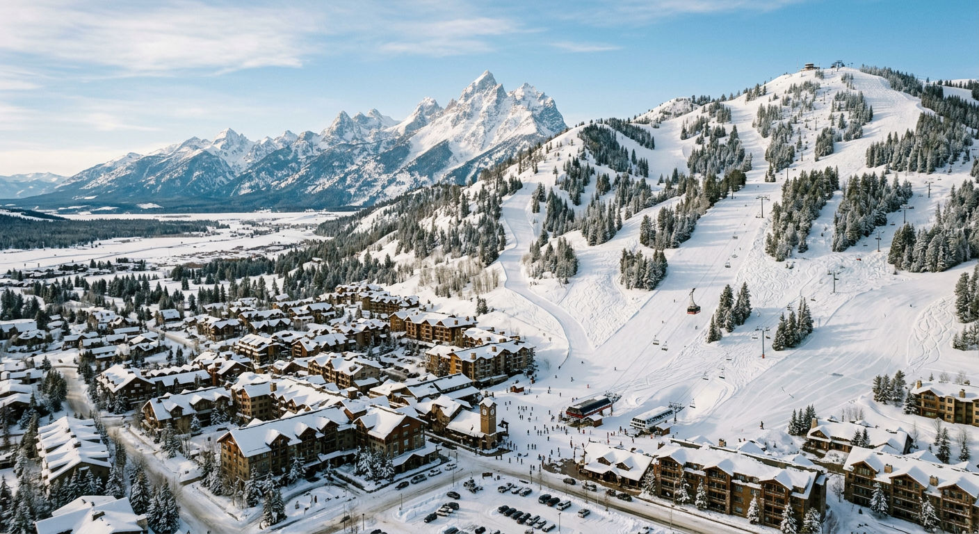 Aerial view of Teton Village at Jackson Hole ski resort with lifts and mountain lodges surrounded by fresh snow
