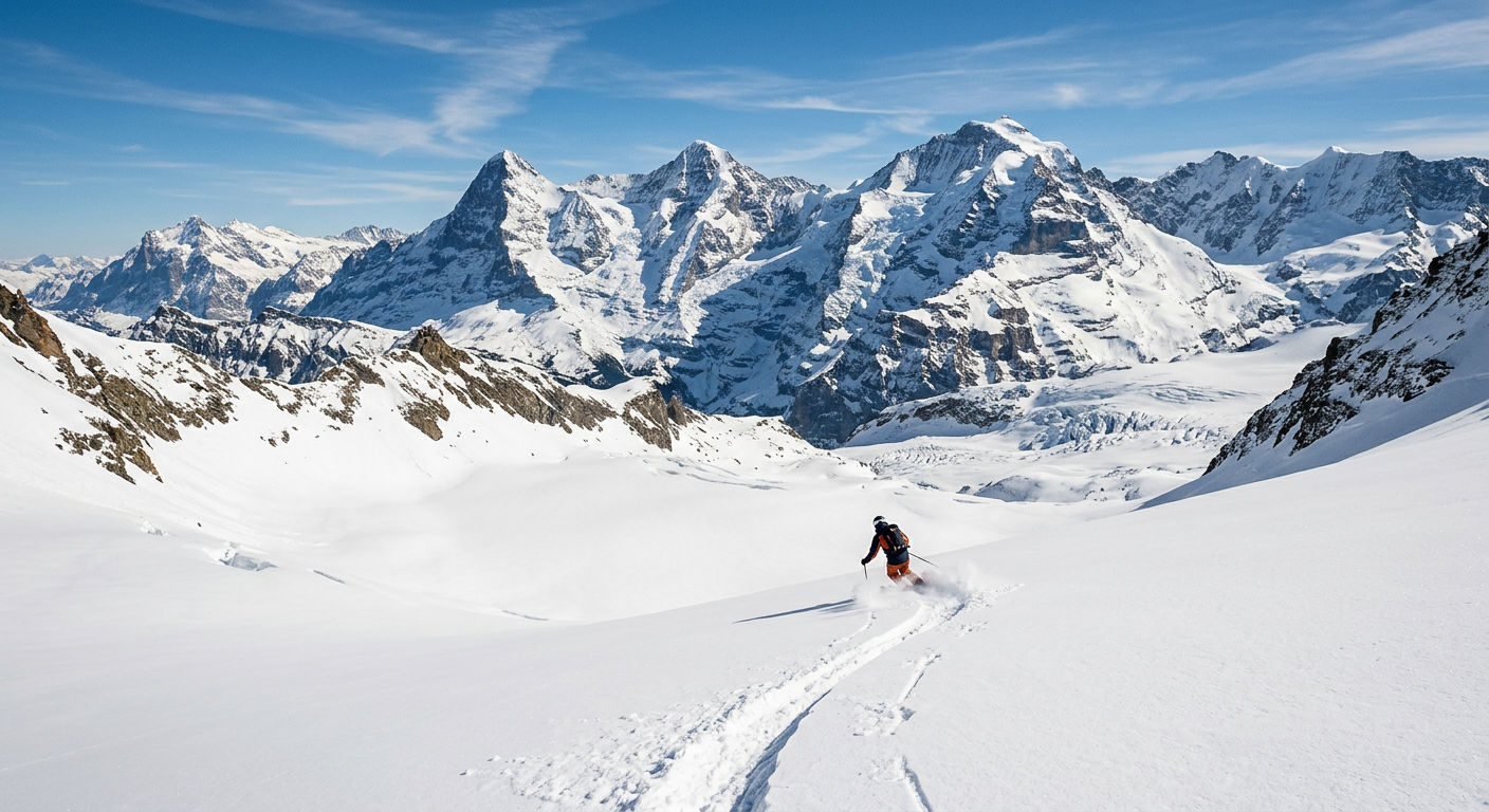 Off-piste powder skiing terrain in the Swiss Alps with untouched snow and mountain faces