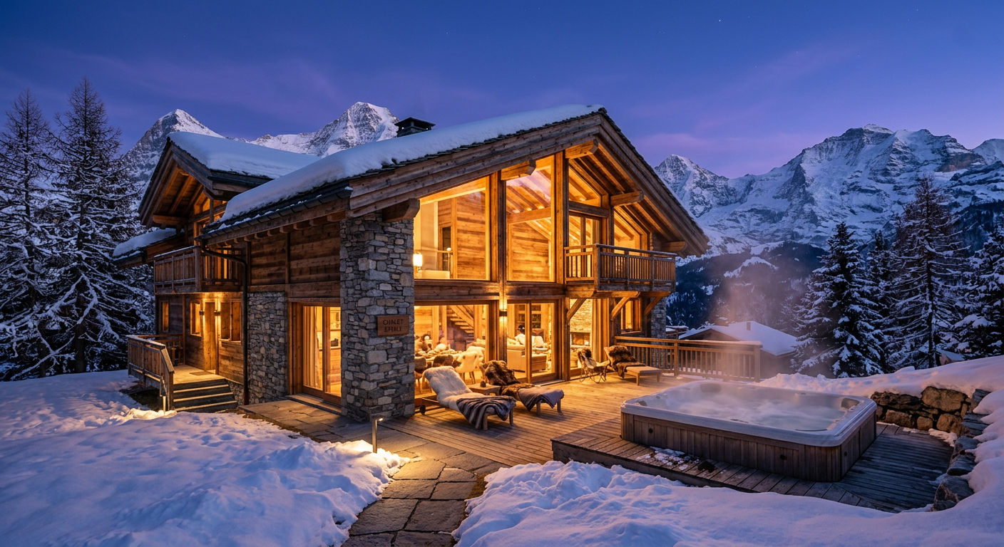 Luxury Swiss ski chalet with outdoor hot tub steaming at twilight and mountain views
