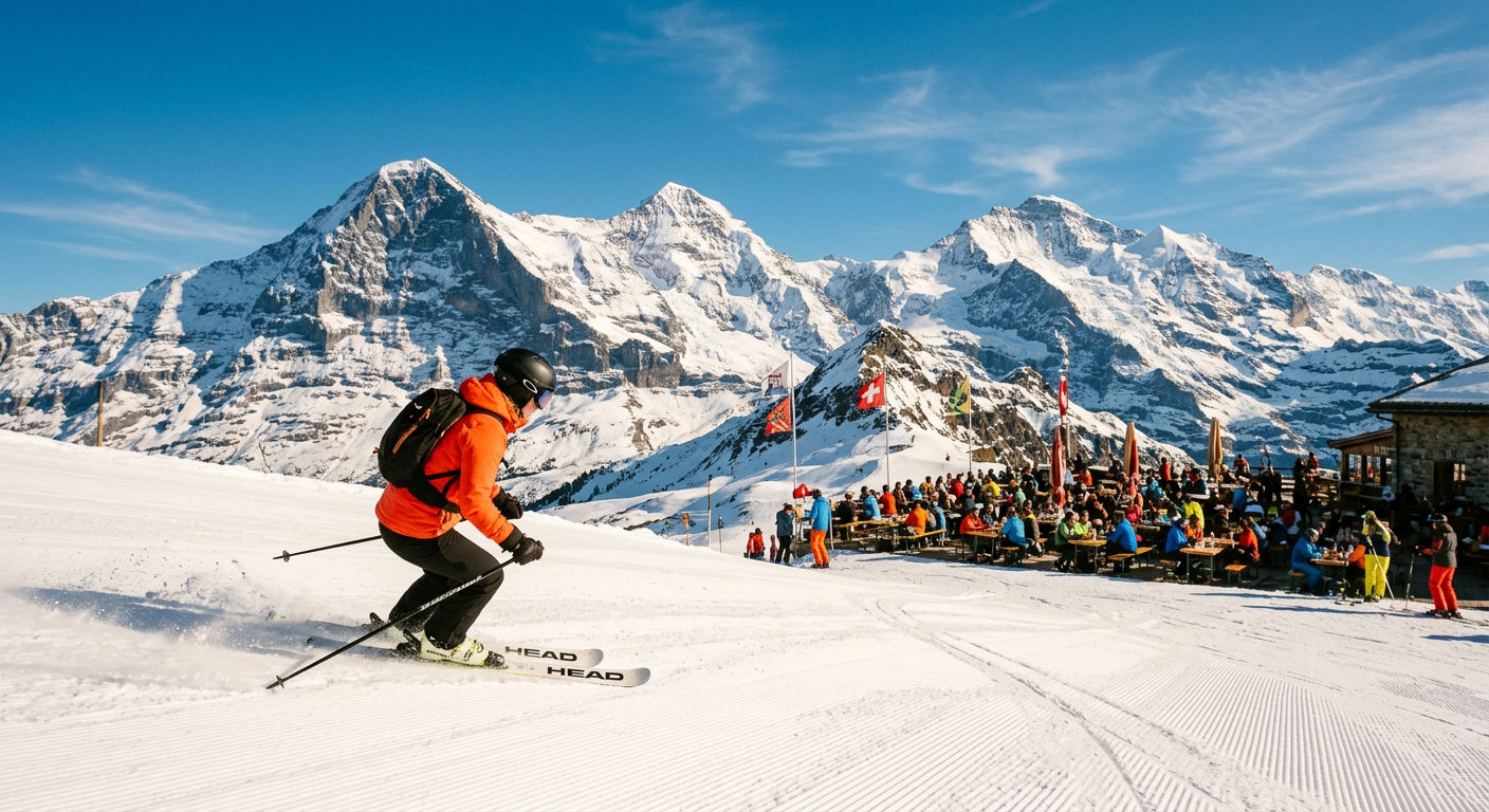 Spring skiing in the Swiss Alps with bright sunshine and panoramic mountain views
