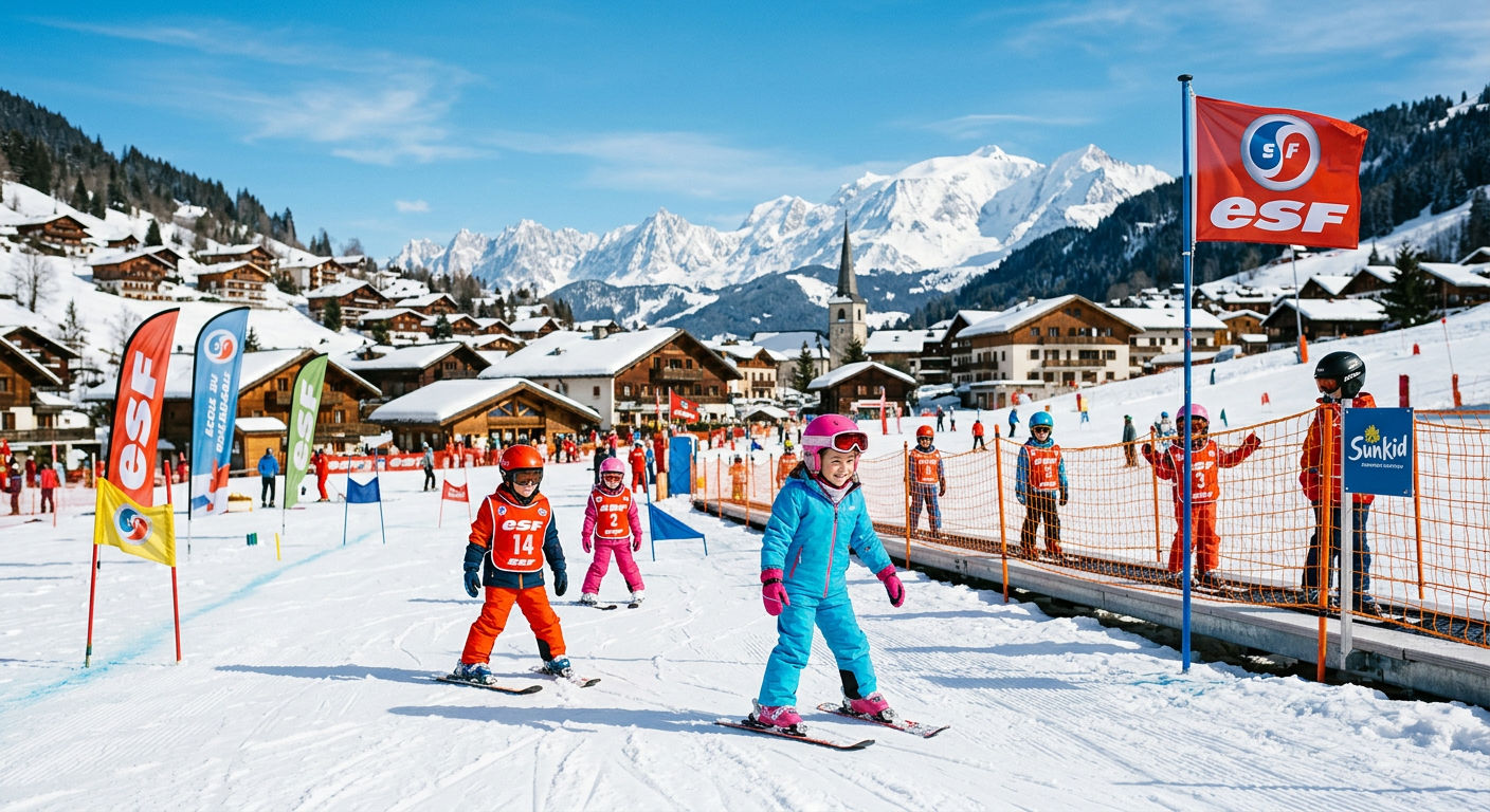 Children in colourful ski suits on a gentle slope with a magic carpet lift and alpine village behind