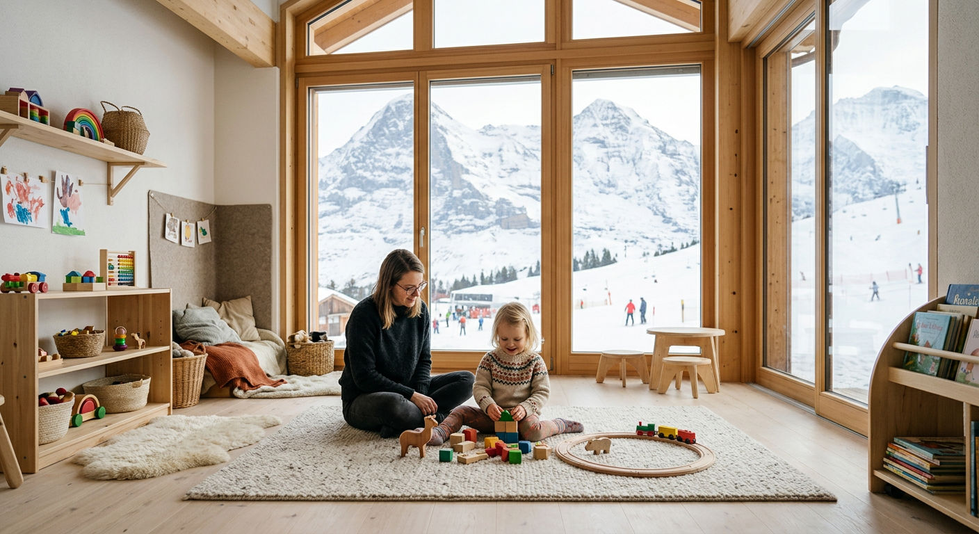 Bright resort nursery interior with mountain views and wooden toys
