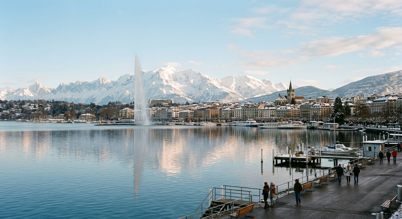 Panoramic view of snow-covered Alpine peaks accessible from Geneva airport