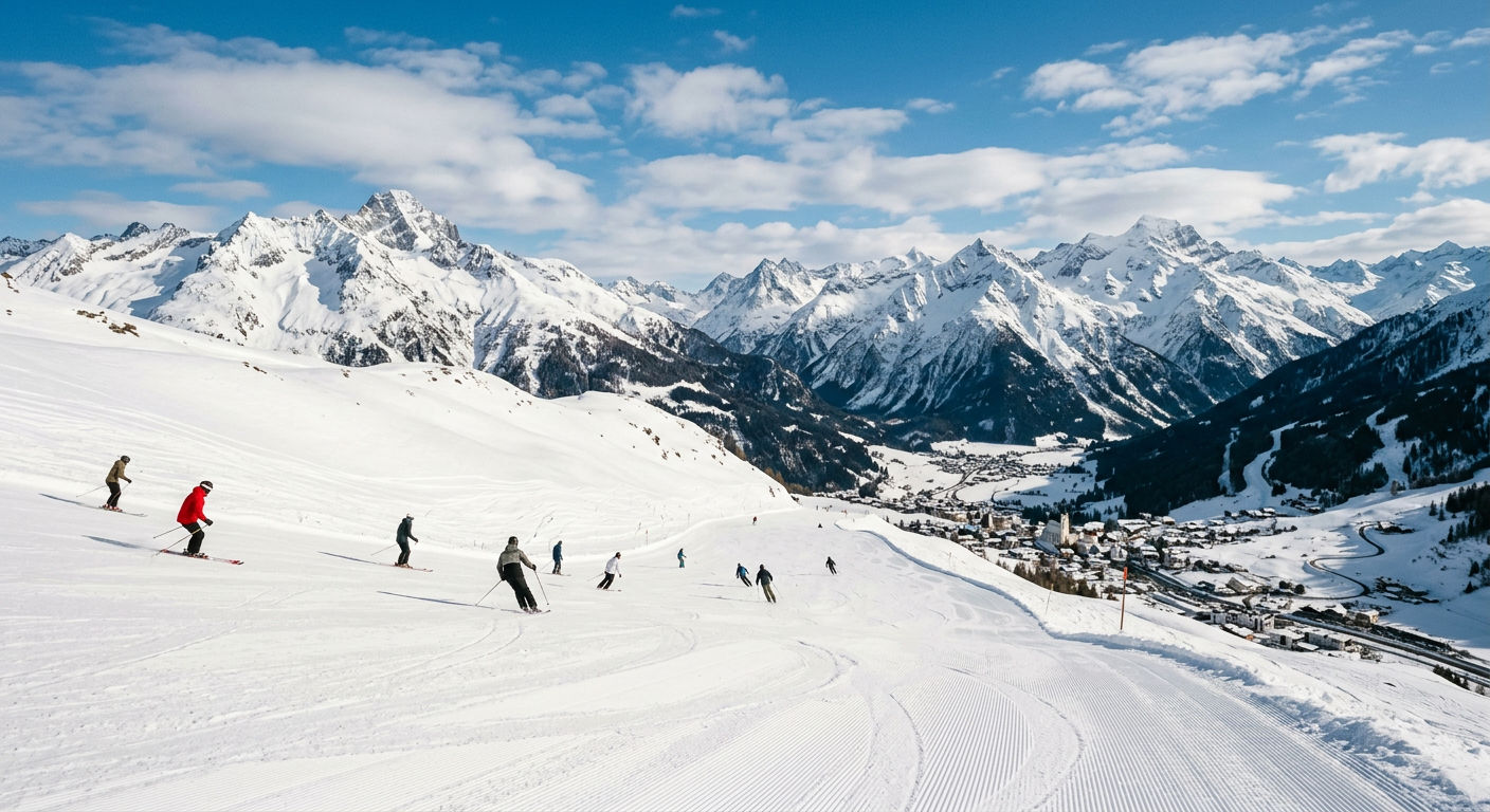 Wide groomed ski piste in the Austrian Arlberg with dramatic Alpine peaks and panoramic mountain views