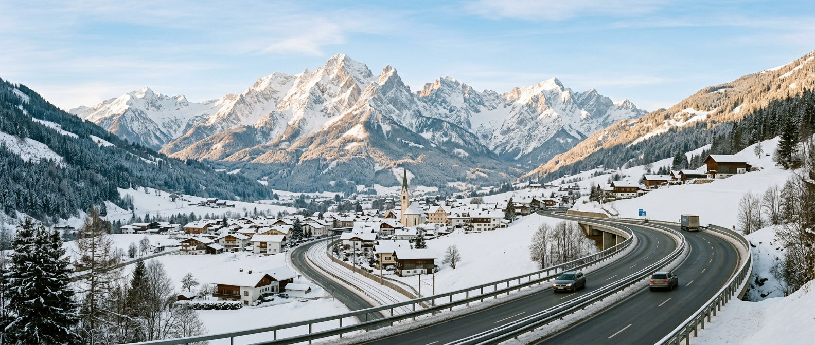 Snow-covered Austrian Alpine peaks and Tyrolean villages accessible from Munich airport