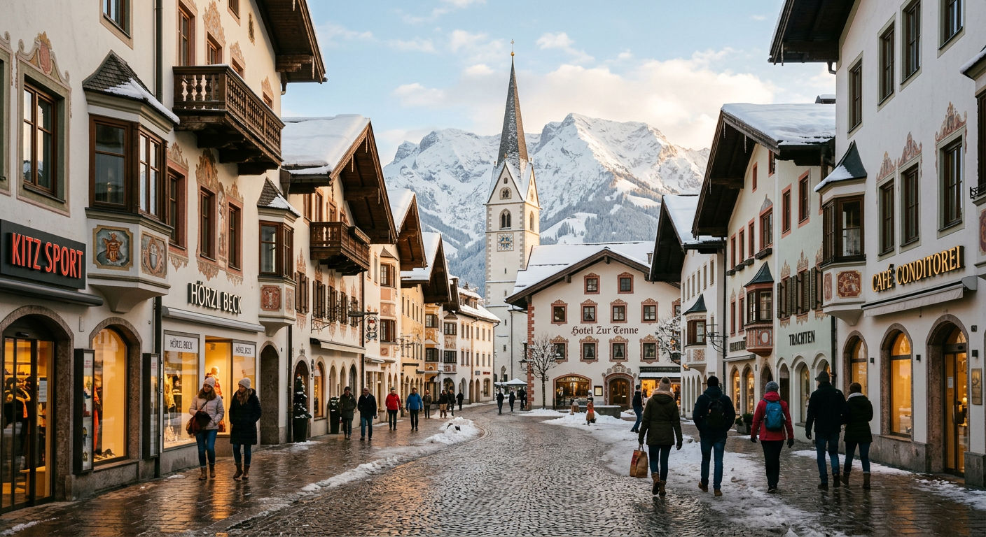 Medieval Kitzbühel town centre in winter with painted facades and snow-covered rooftops beneath ski mountains