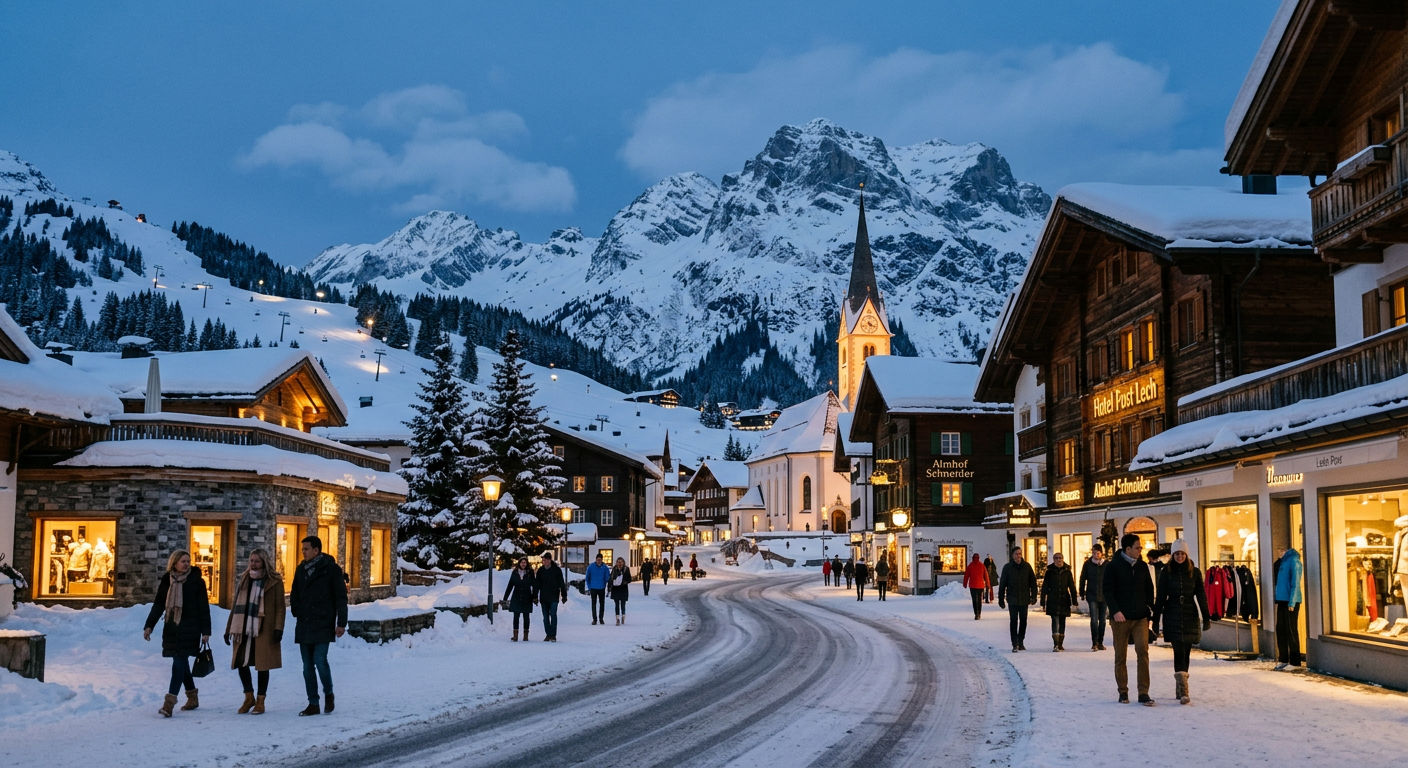 Refined Austrian alpine village of Lech am Arlberg at evening blue hour with traditional timber buildings and warm interior lights