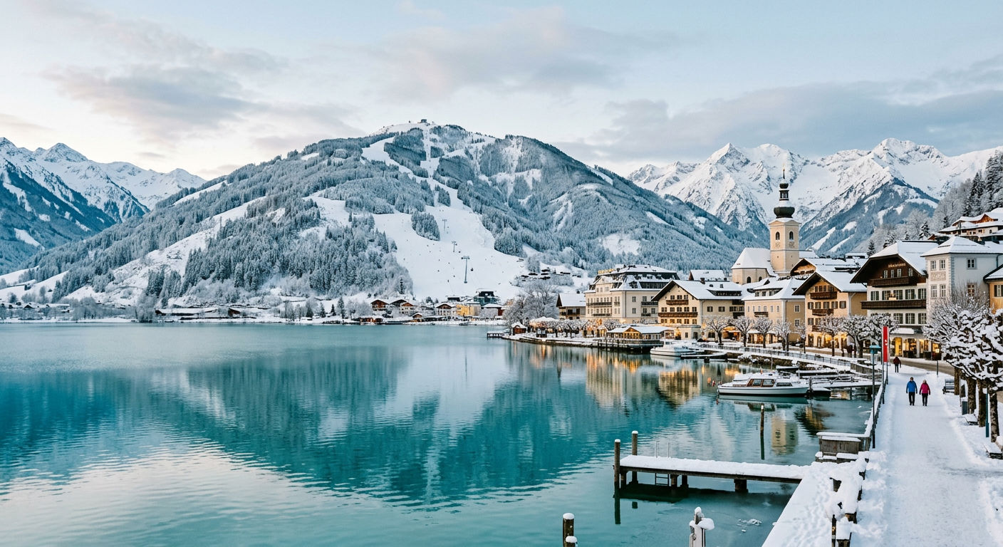 Zell am See lakeside town in winter with turquoise alpine lake and snow-covered mountains