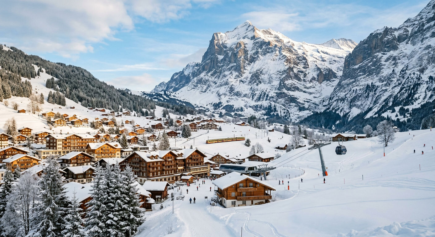 Grindelwald village with the Eiger north face visible in the background and snow-covered alpine meadows