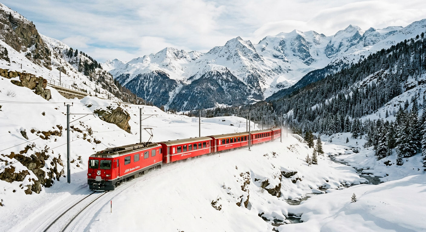 Swiss mountain railway traveling through a snowy alpine landscape with peaks in the distance