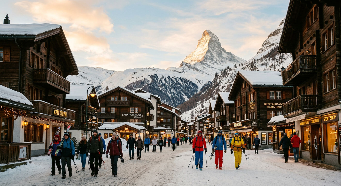 Zermatt village in winter with the Matterhorn rising behind traditional wooden chalets