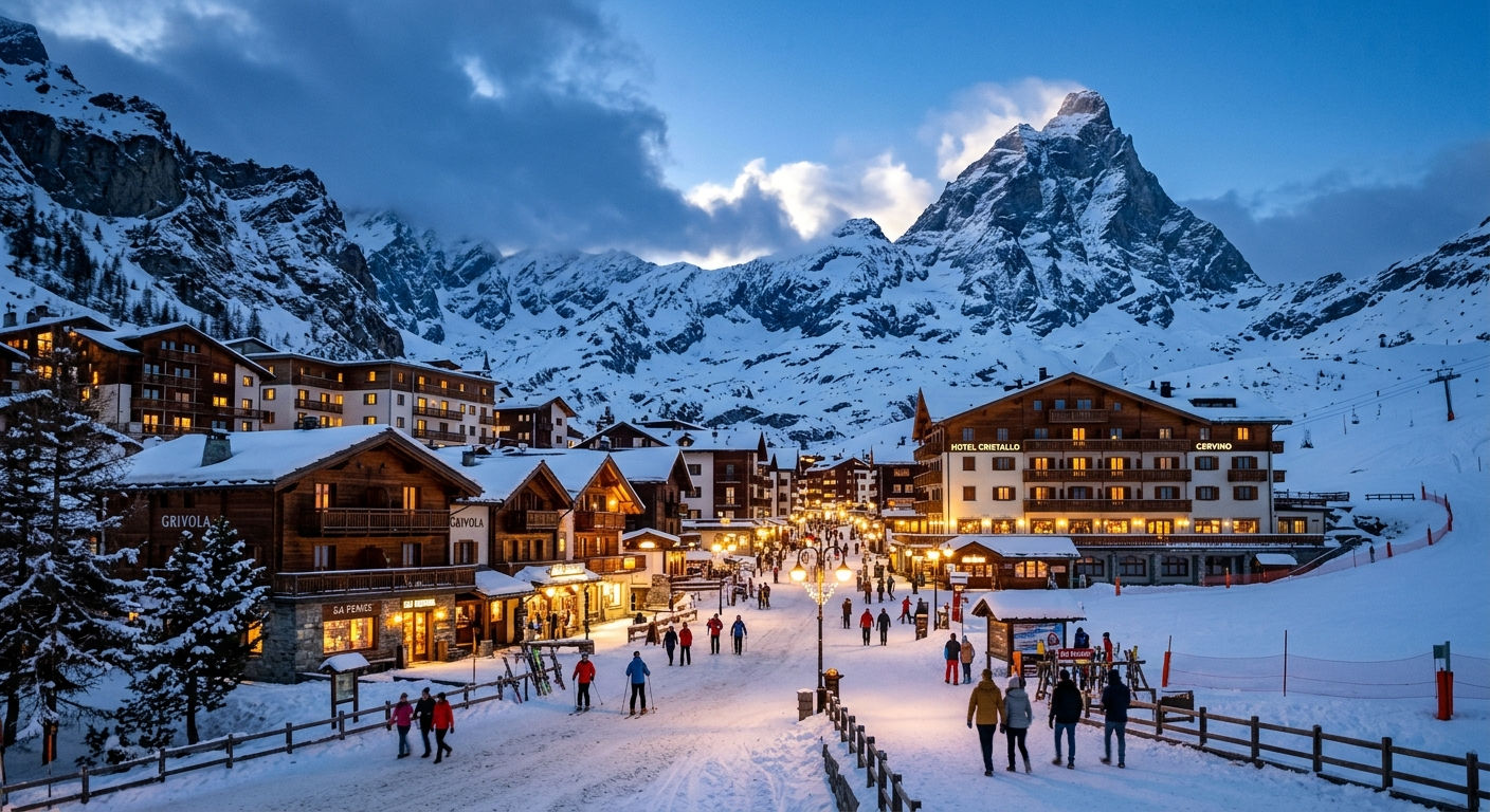 Cervinia village at dusk with the Matterhorn visible in the background