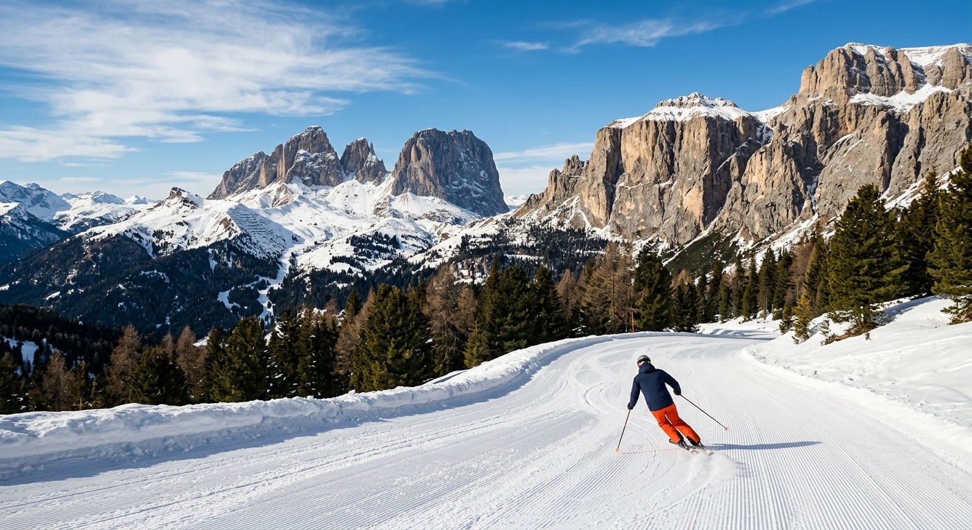 Skier on a groomed piste winding between Dolomite rock towers