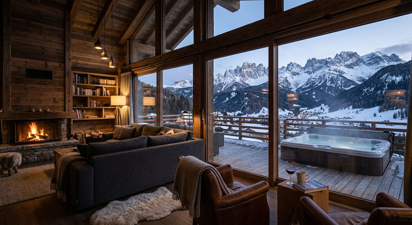 Luxury Italian ski chalet interior with mountain views and hot tub terrace