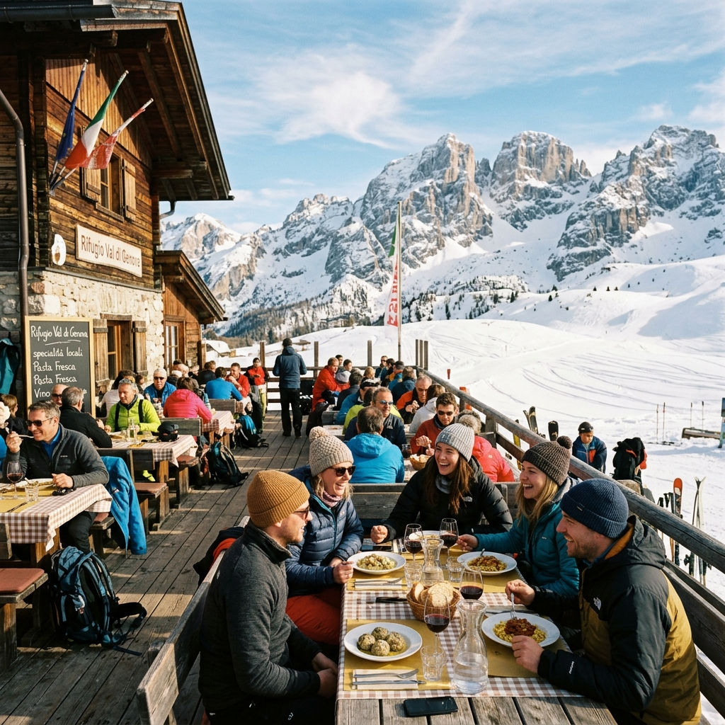 Traditional Italian rifugio terrace with pasta, wine, and Dolomite views