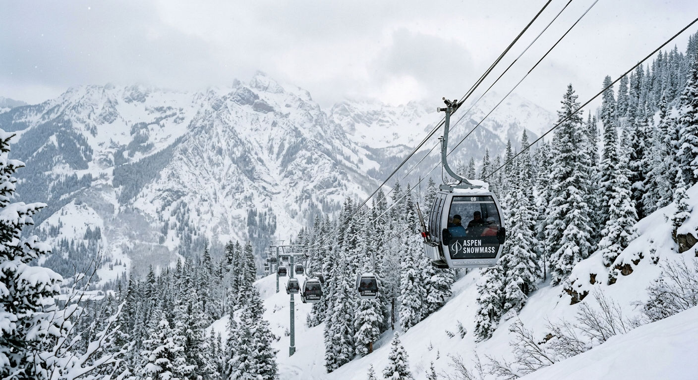 Silver gondola cabins ascending through fresh snowfall with snow-covered trees and Colorado mountain peaks in the background