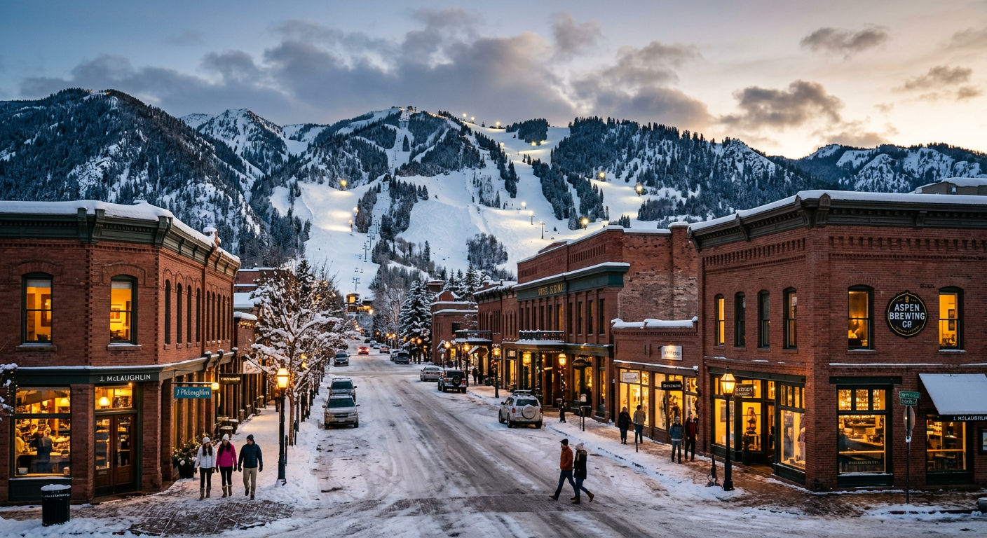 Aspen Colorado mountain town at dusk with snow-covered peaks and warm lights along the historic downtown