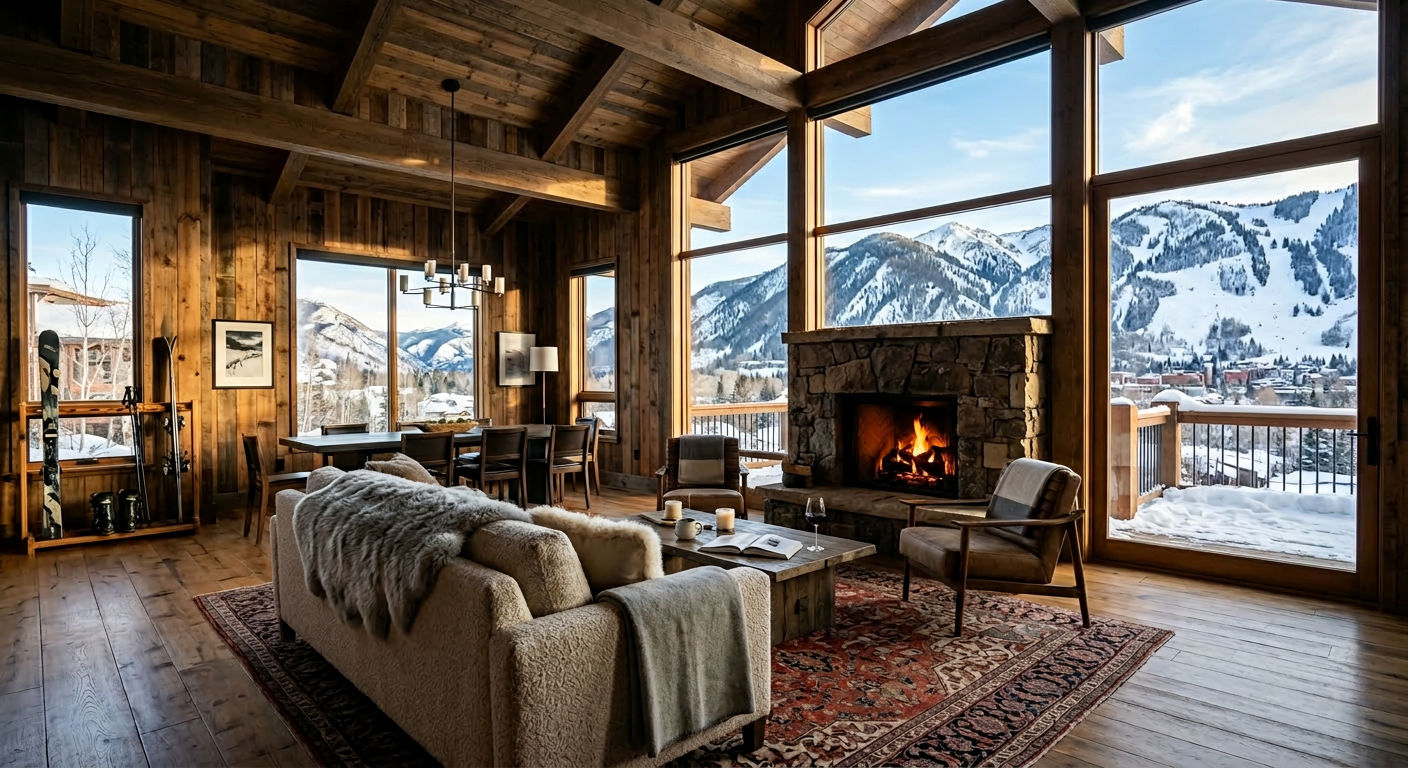 Contemporary mountain chalet interior with floor-to-ceiling windows framing snow-covered peaks, warm wood paneling, and afternoon light