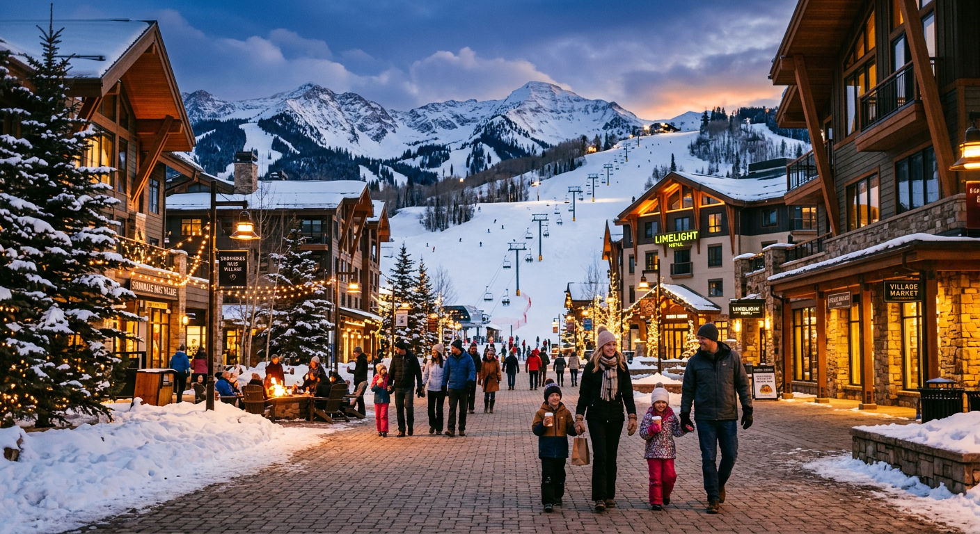 Snowmass Village pedestrian area in the evening with warm lights, modern mountain architecture, and snow-covered slopes rising behind
