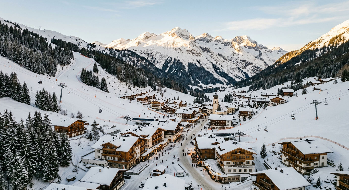 Aerial view of a European alpine ski village with chalets at the base of ski runs in late afternoon light