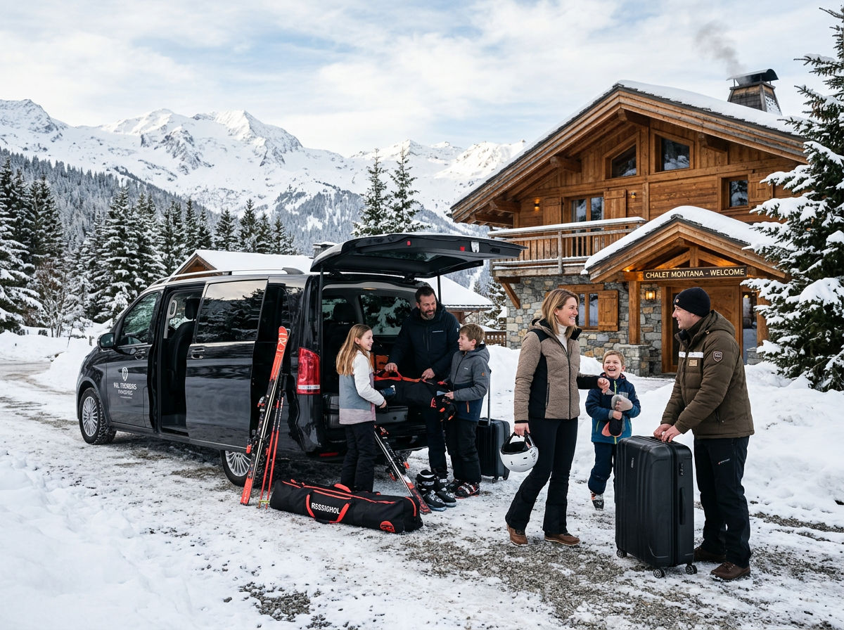 Family arriving at a mountain chalet with luggage being unloaded from a private transfer vehicle